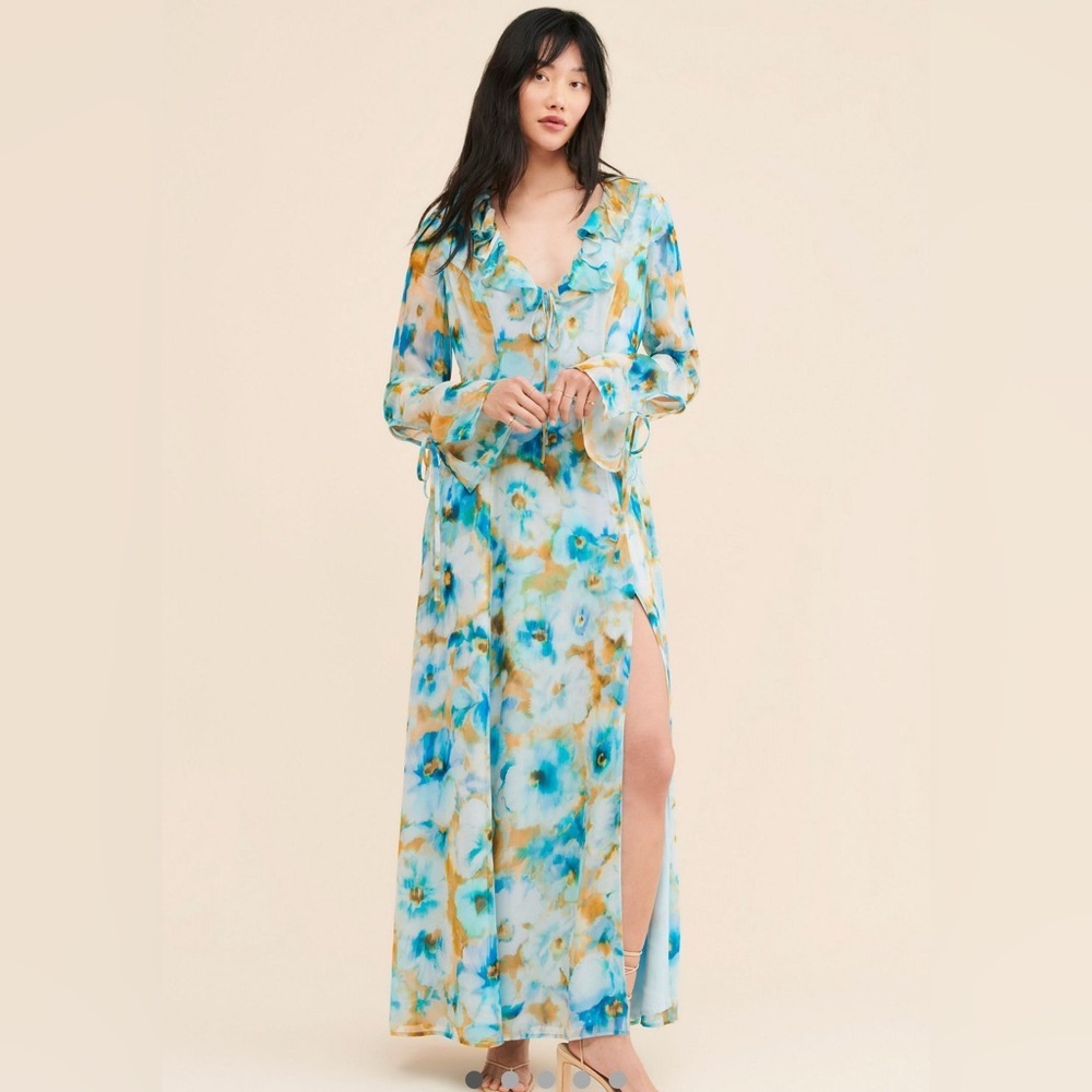 Rays for Days for Free People Wisteria Ruffled Boho Floral Maxi Dress, side zip